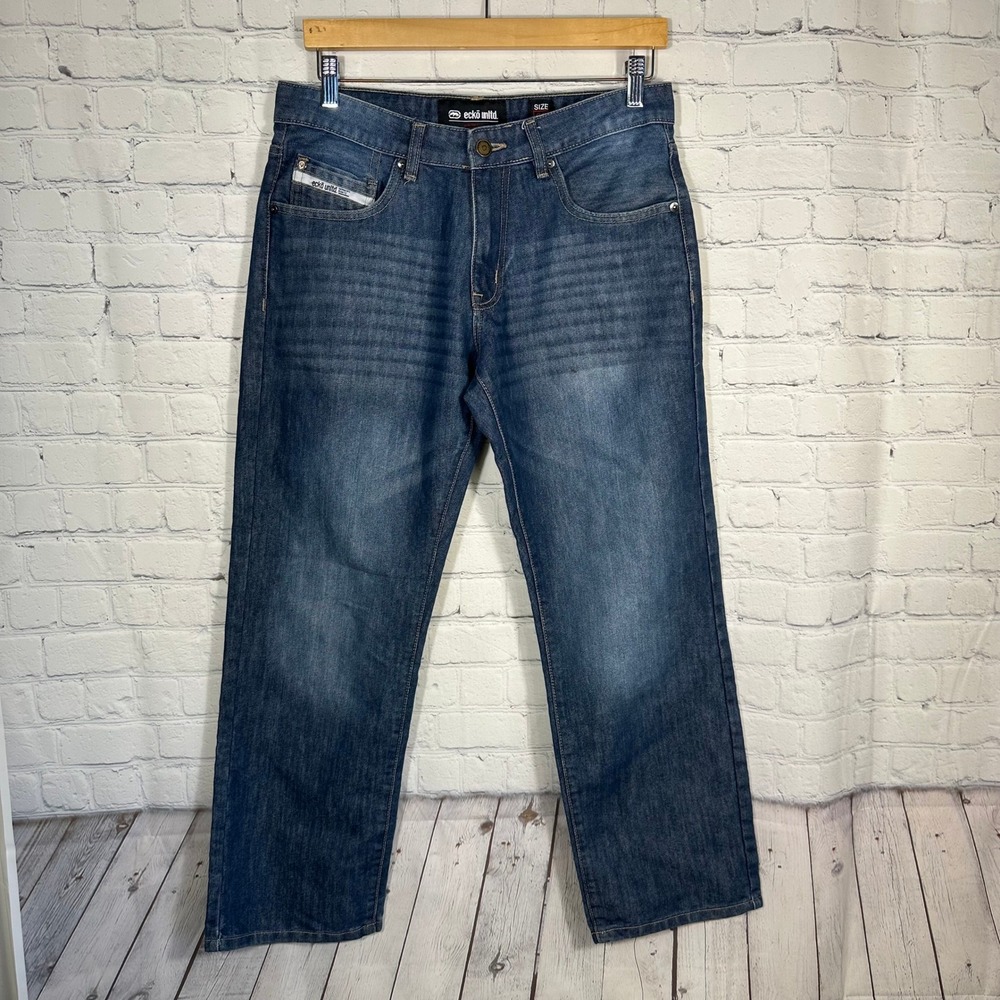 Ecko Unltd Denim Div Raw 72 Mens Straight Leg Jeans Blue Medium Wash Rhino Logo